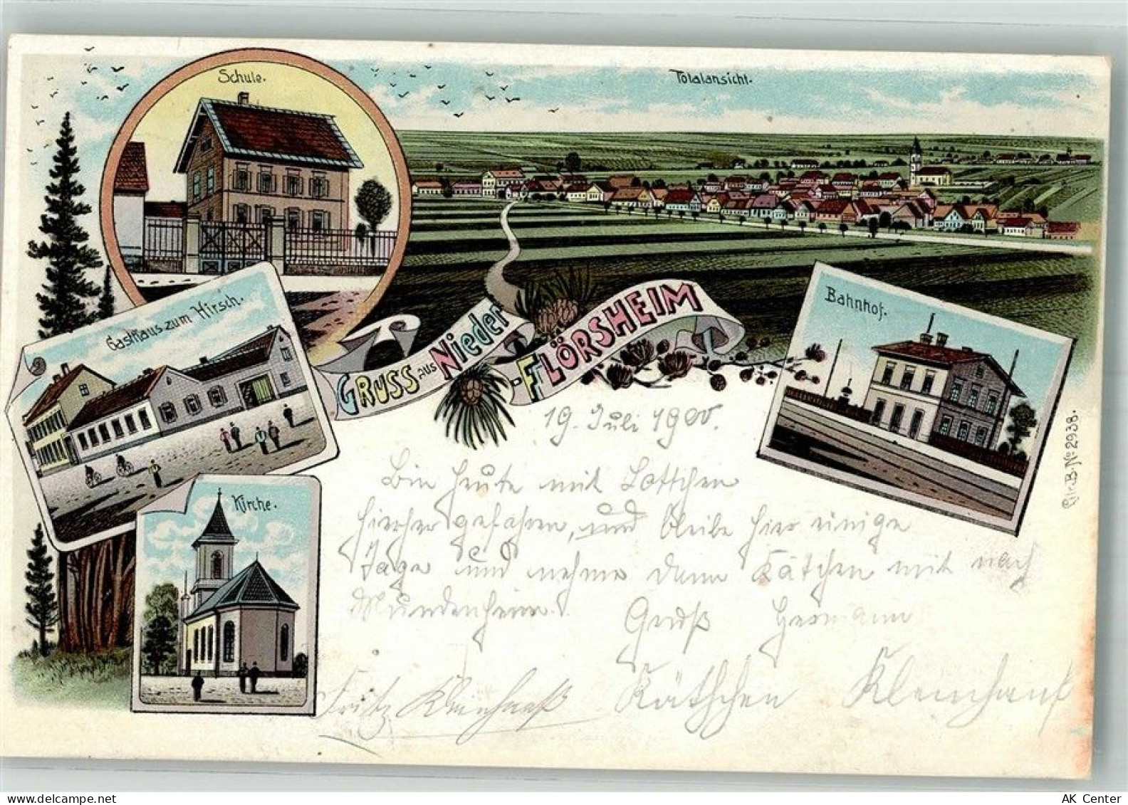 67592 W6523 Nieder-Flörsheim 1900 Lithographie Schule Gasthaus zum Hirsc... - 13671463