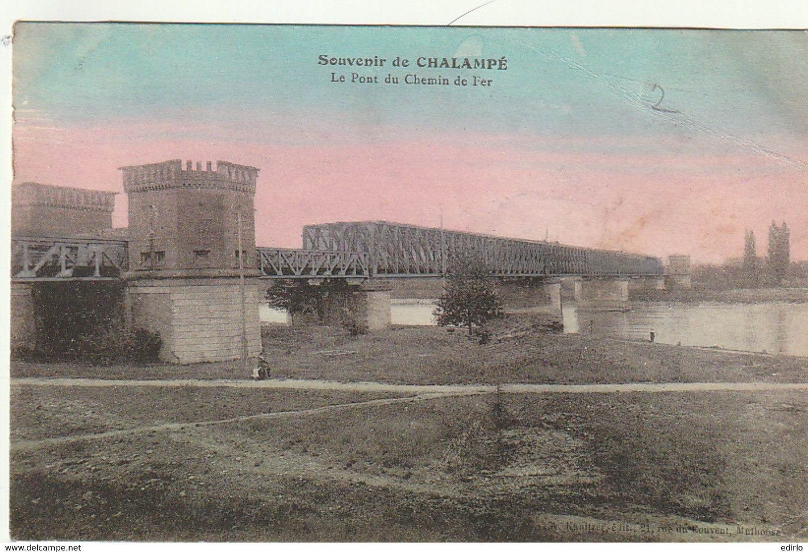 *** 68  ***  souvenir de Chalampé le pont de chemin de fer - 4 points papier collés au dos