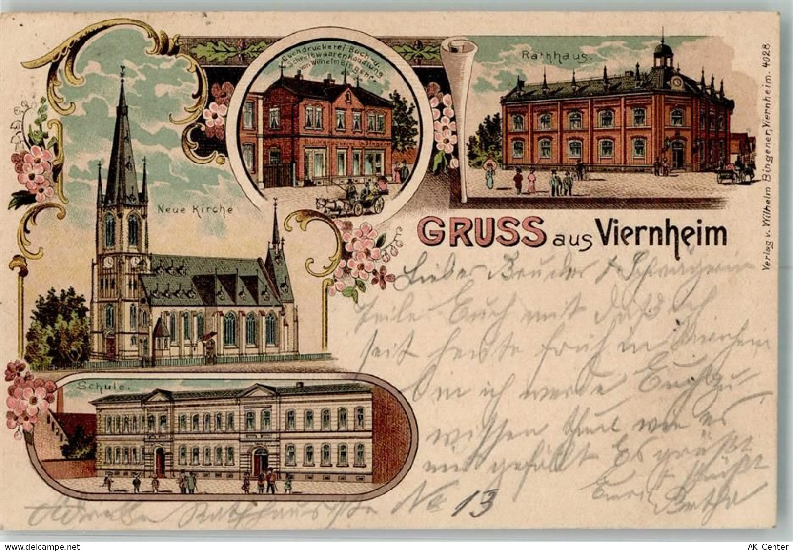 68519 W6806 Viernheim 1903 Lithographie Rathaus Schule Neue Kirche Buchd... - 13660252