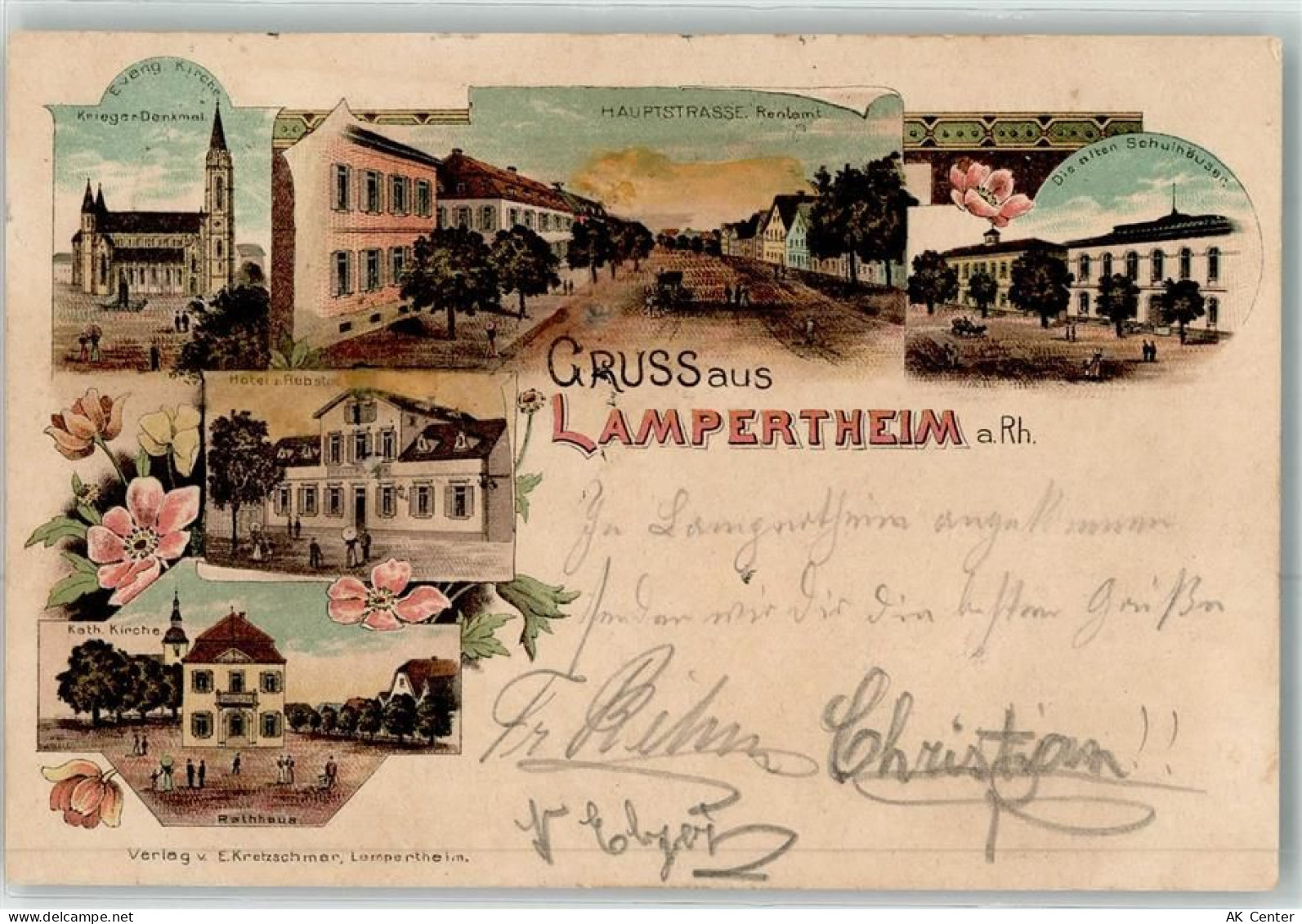 68623 W6840 Lampertheim , Hess 1897 Lithographie Ev. Kirche Kriegerdenkm... - 13614599