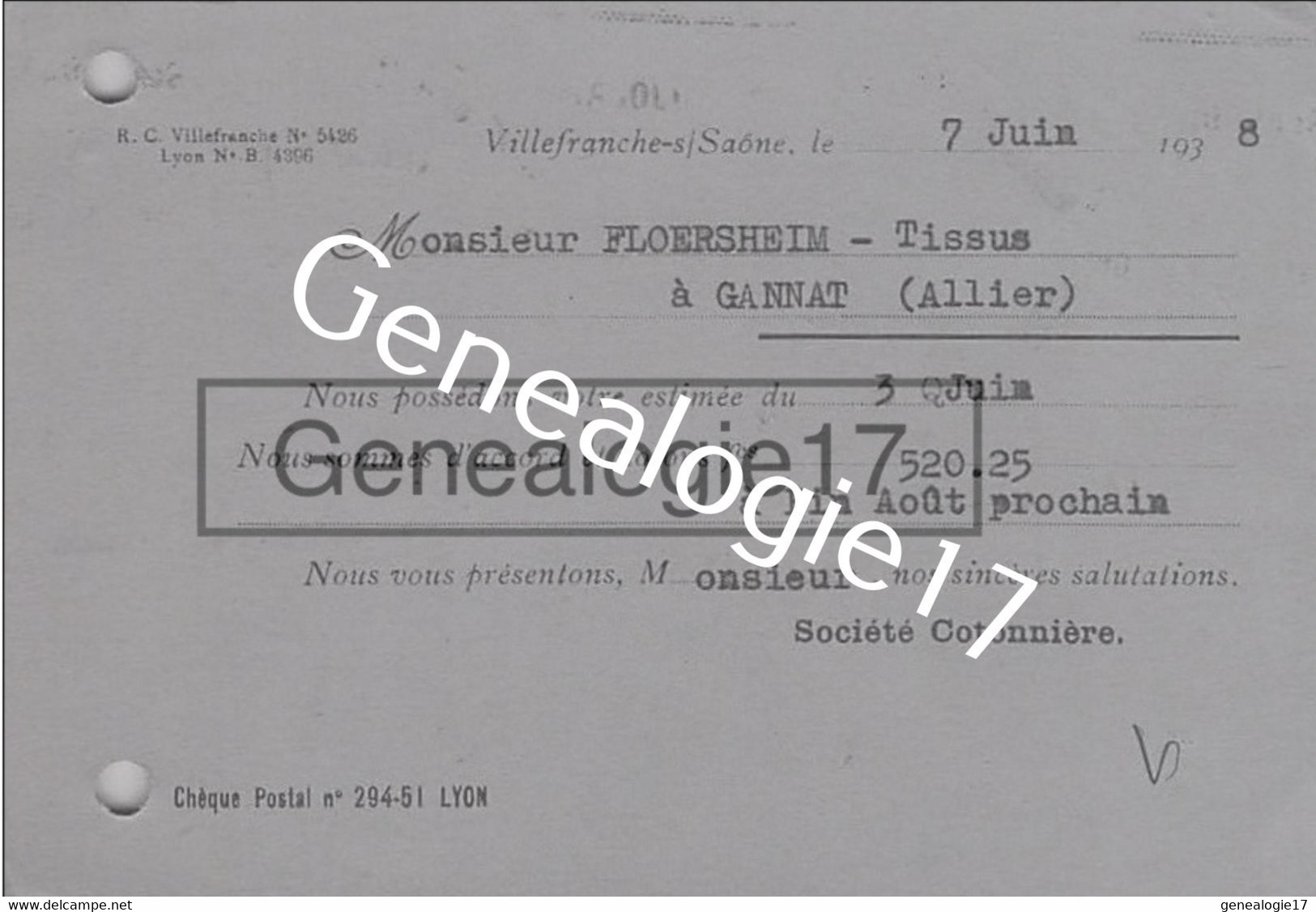 69 4032 VILLEFRANCHE SUR SAONE 1938 Carte Commerciale  SOCIETE COTONNIERE DE VILLEFRANCHE à FLOERSHEIM