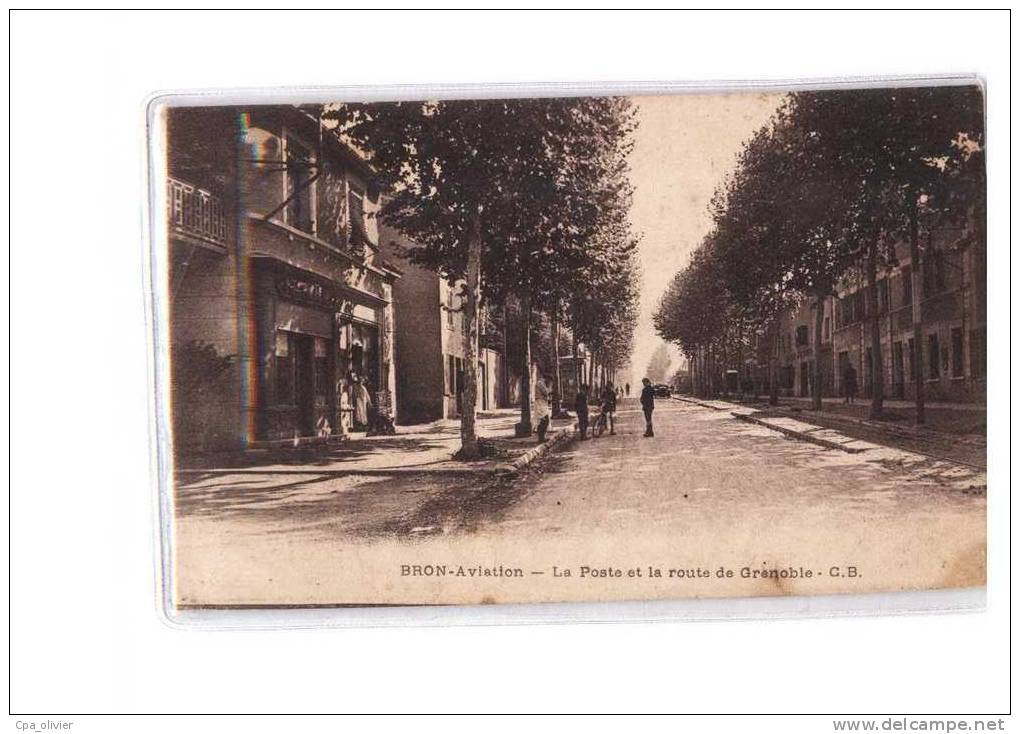 69 BRON Poste, Route de Grenoble, animée, ed CB, Bron Aviation, 191?