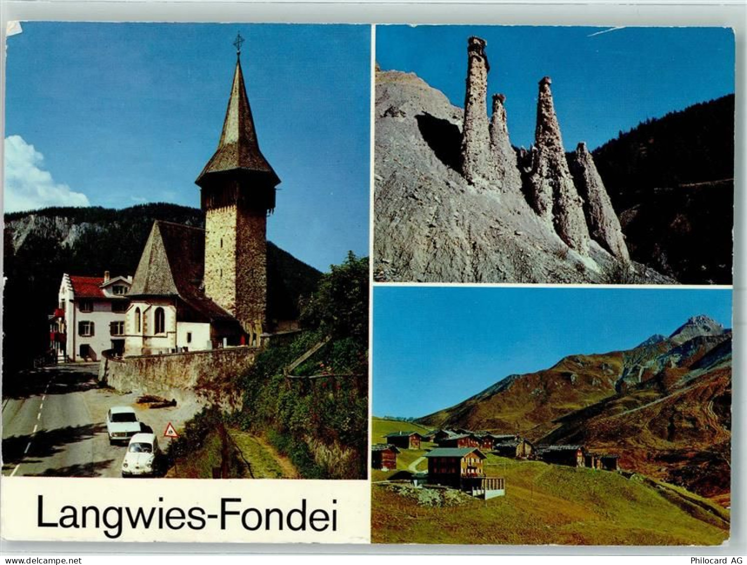 7057 Langwies 1971 - Fondei Kirche Langwies Steinpyramiden bei Langwies ... - 10390732