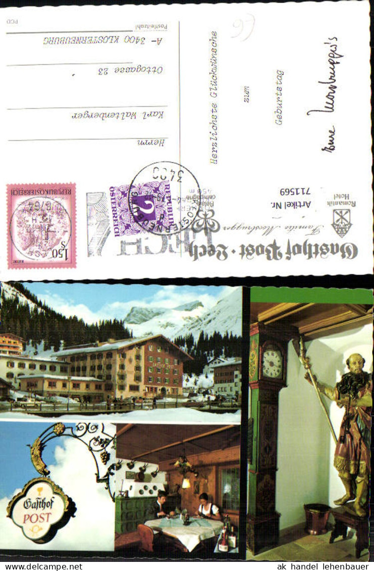 711569 Mehrbild AK Lech a. Arlberg Gasthof Post Lech Gaststube Standuhr mit Statue