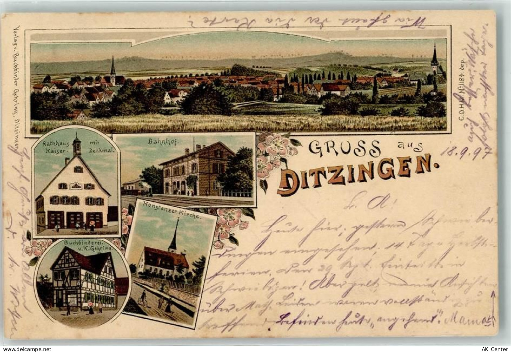 71254 W7257 Ditzingen 1897 Lithographie Rathaus Kaiser-Denkmal Buchbinde... - 13610657