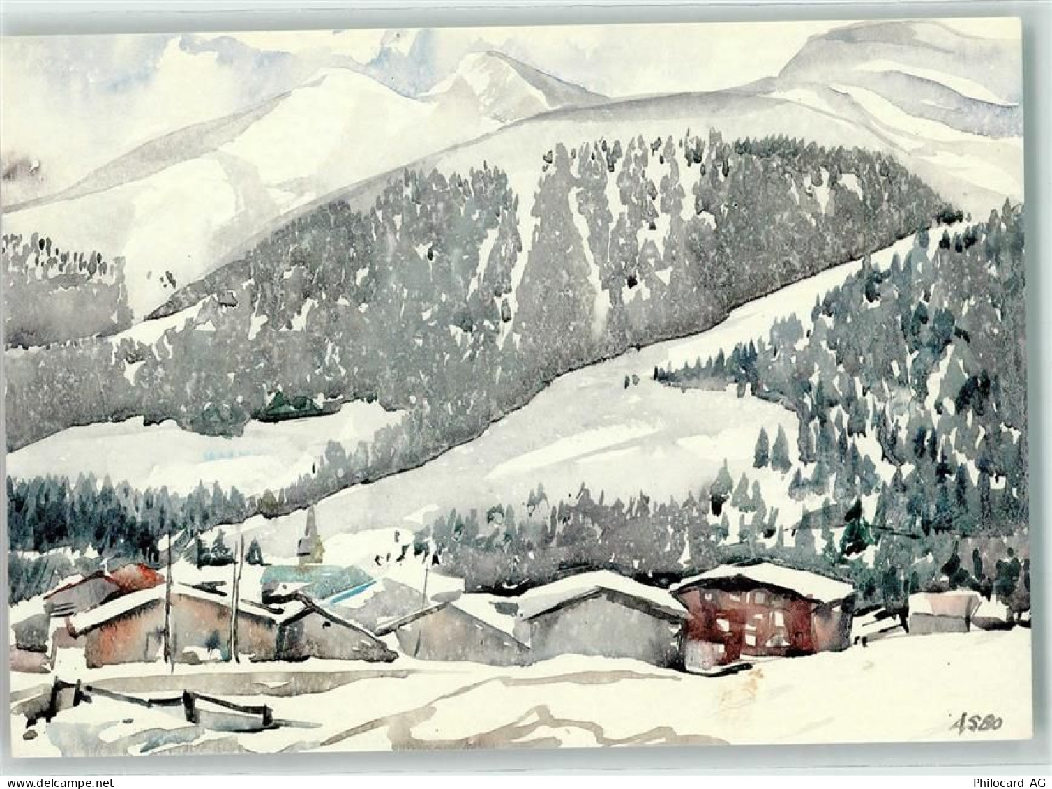 7188 Sedrun - Winterlandschaft Aquarell sign. Adrie van Schagen - 39411114