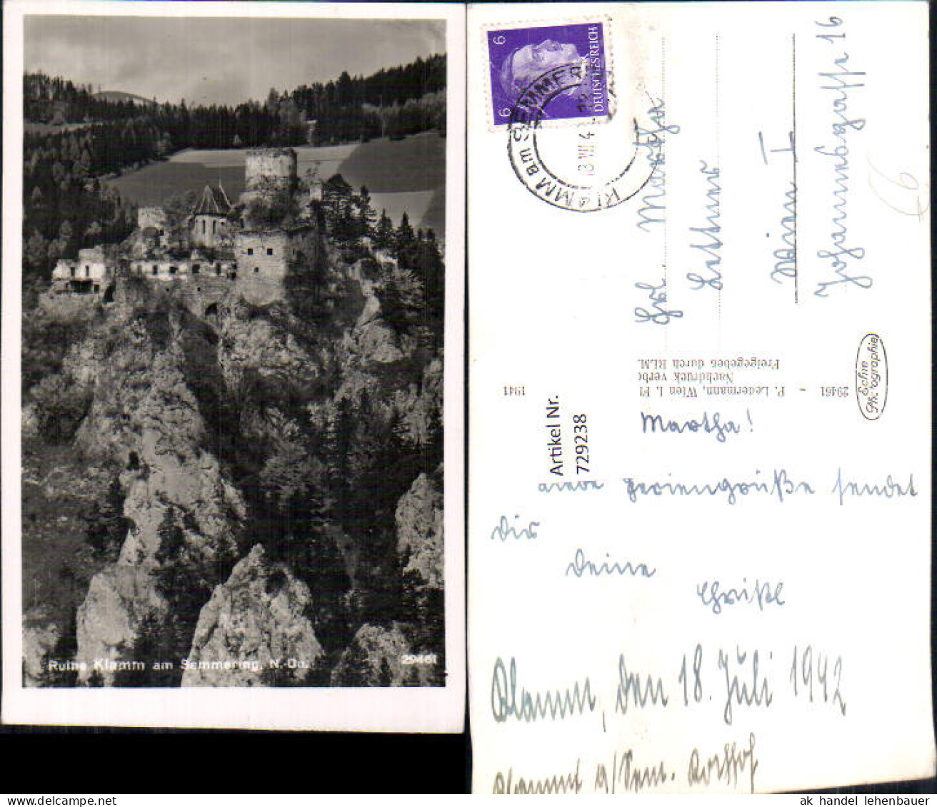 729238 Foto AK Semmering Ruine Klamm am Semmering