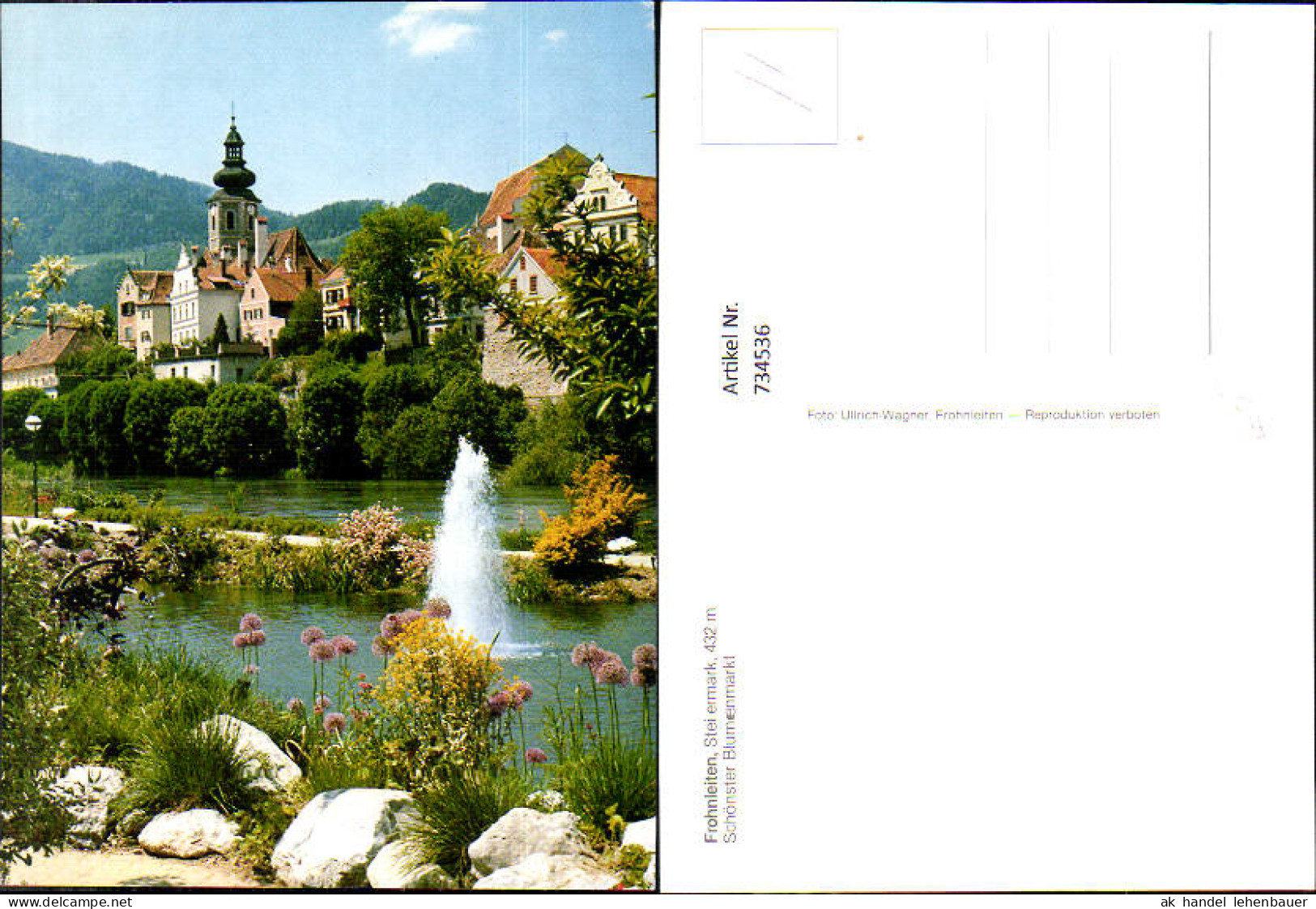 734536 Frohnleiten Ansicht mit Springbrunnen Kirche Fluss Blumen