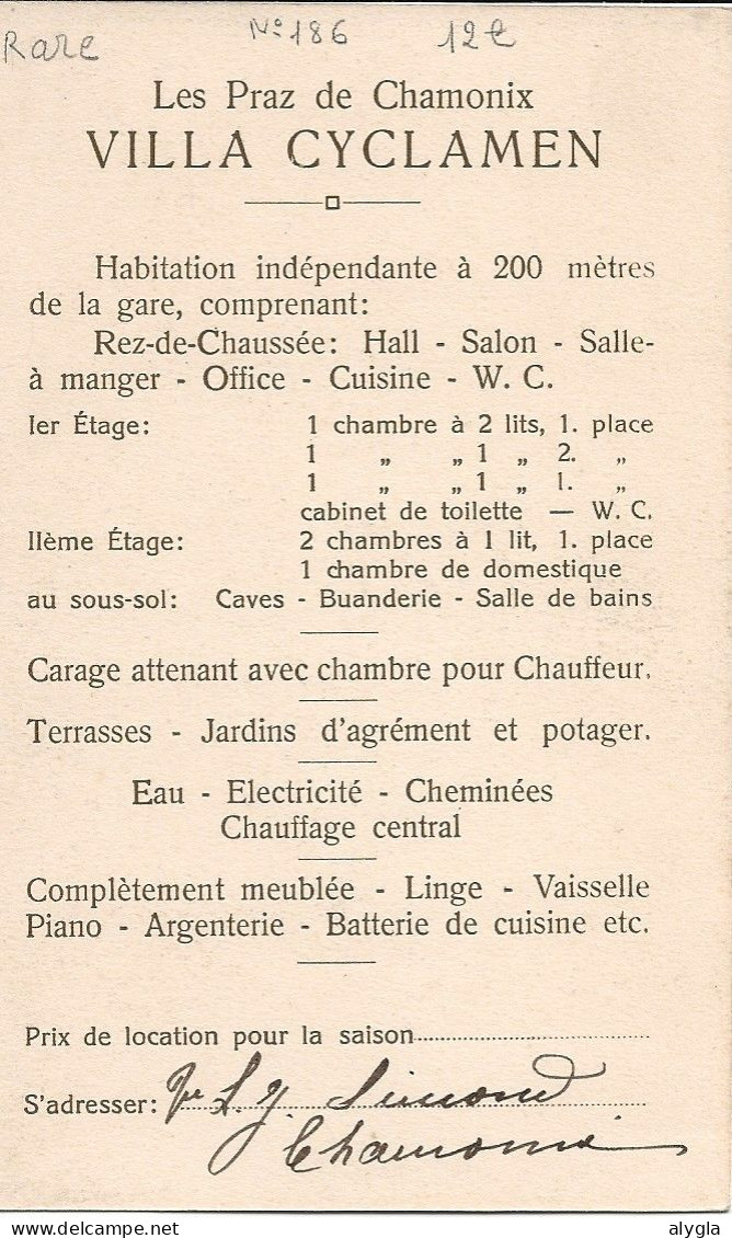 74 - CHAMONIX - LES PRAZ - VILLA CYCLAMEN - CPA signée SIMOND, propriétaire. verso imprimé description de la location