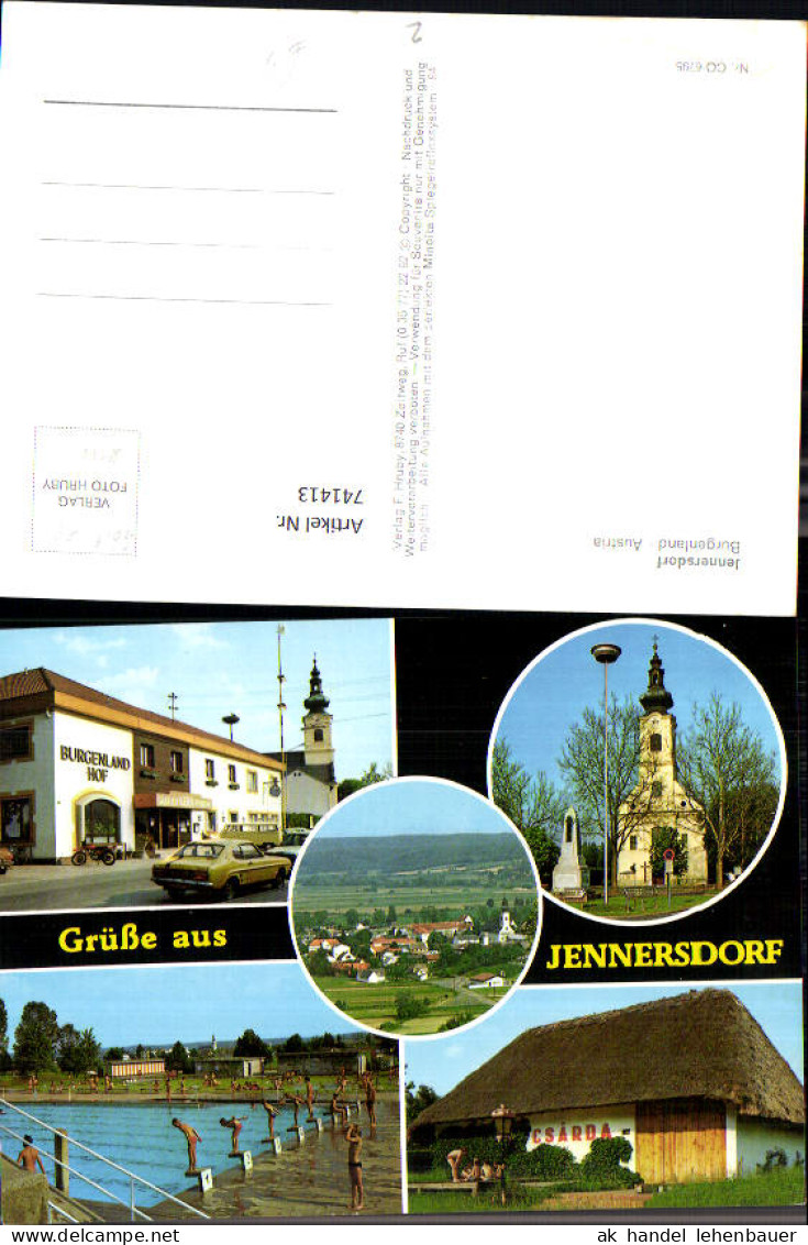 741413 Mehrbild AK Jennersdorf Schwimmbad Burgenlandhof Kirche Csarda