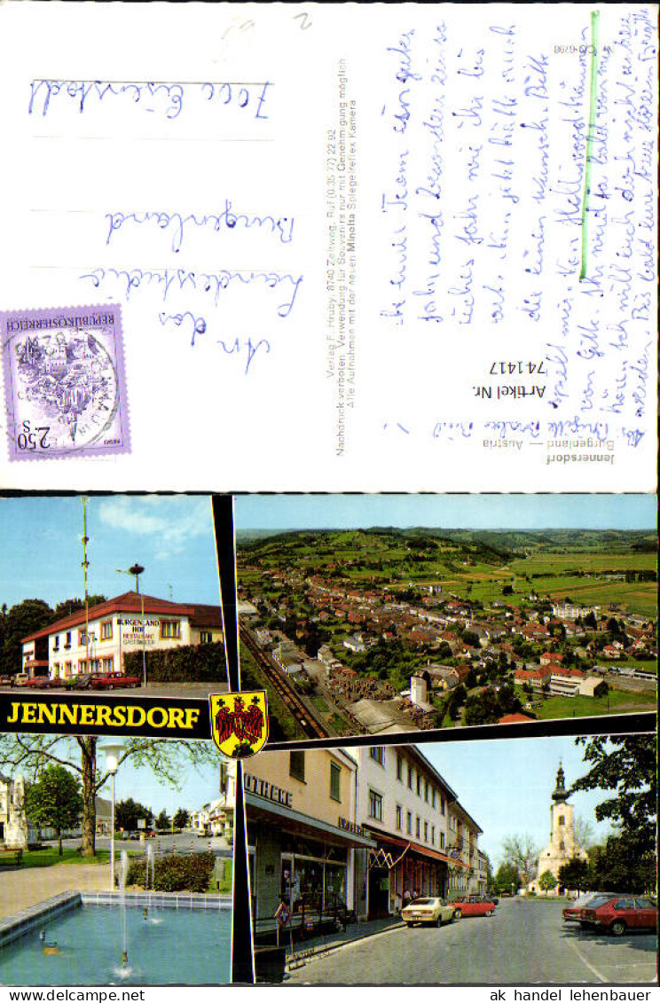 741417 Mehrbild AK Jennersdorf Burgenlandhof Straßenpartie m. Kirche Luftbild Springbrunnen