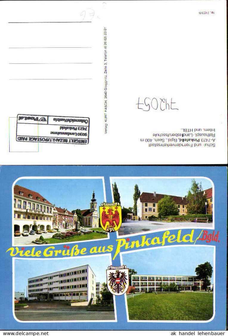 742057 Mehrbild AK Pinkafeld Rathausplatz Landesberufsschule Intern. u. HTBL Stempel Entgelt bezahlt