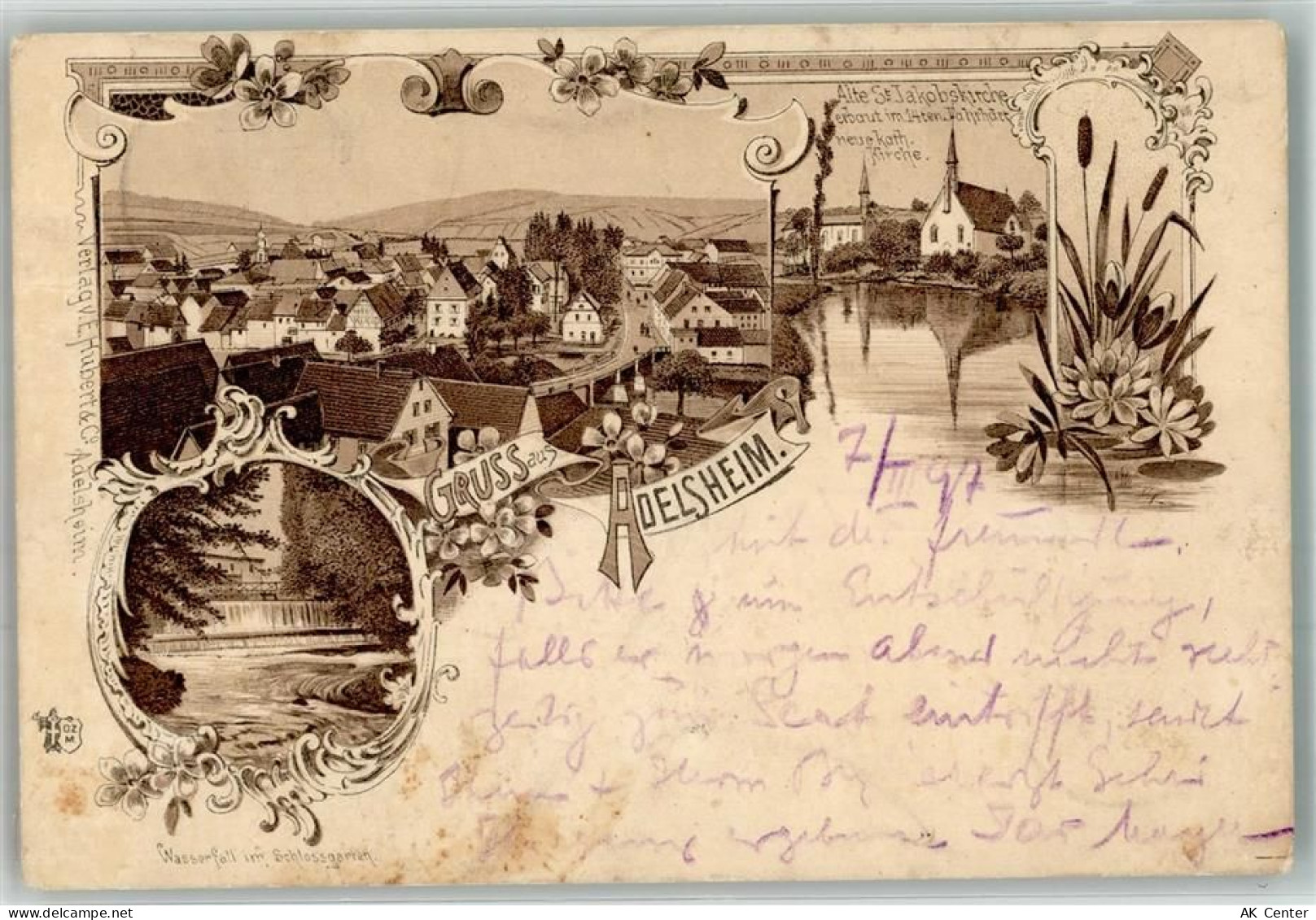 74740 W6962 Adelsheim 1897 Gebrauchsspuren Lithographie Schlossgarten Wa... - 13650634