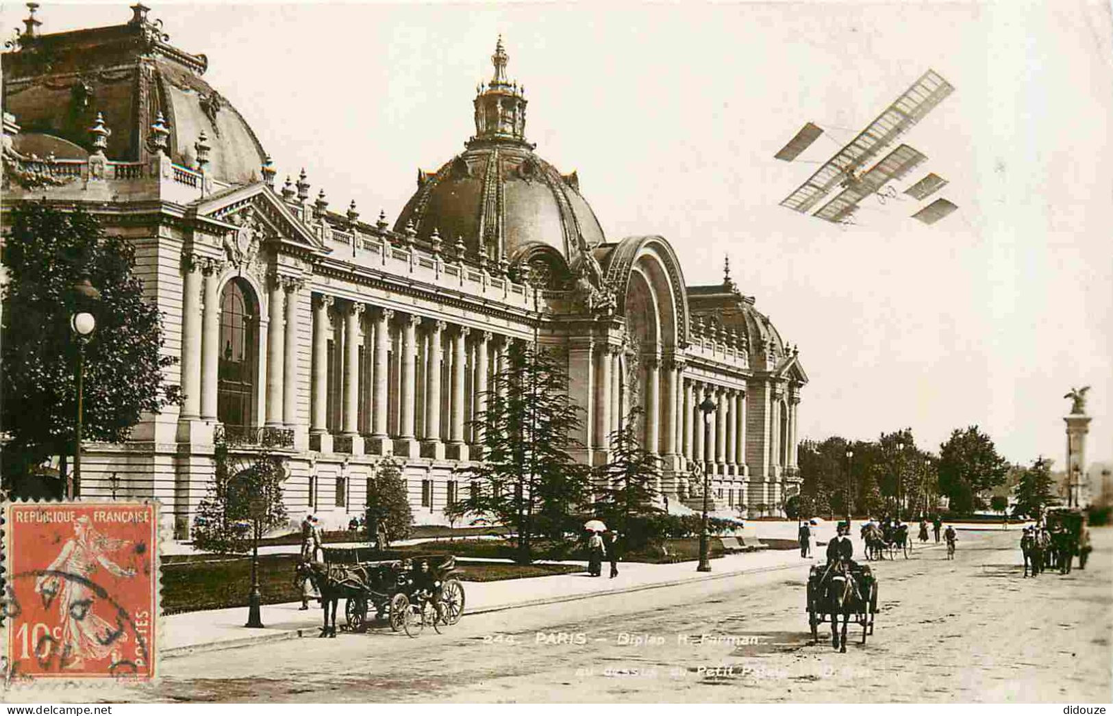 75 - Paris 08 - Biplan H Farman au dessus du Petit Palais - Aviation - Avions - CPA - Oblitération ronde de 1910 - Voir