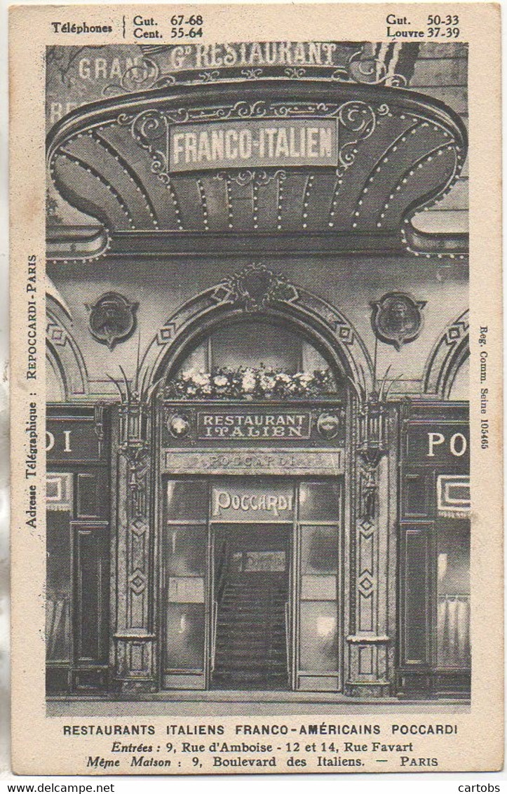 75 PARIS 2e Restaurants Italiens Franco-Américains POCCARDI 12 et 14  Rue Pavart - 9 Rue d'Amboise