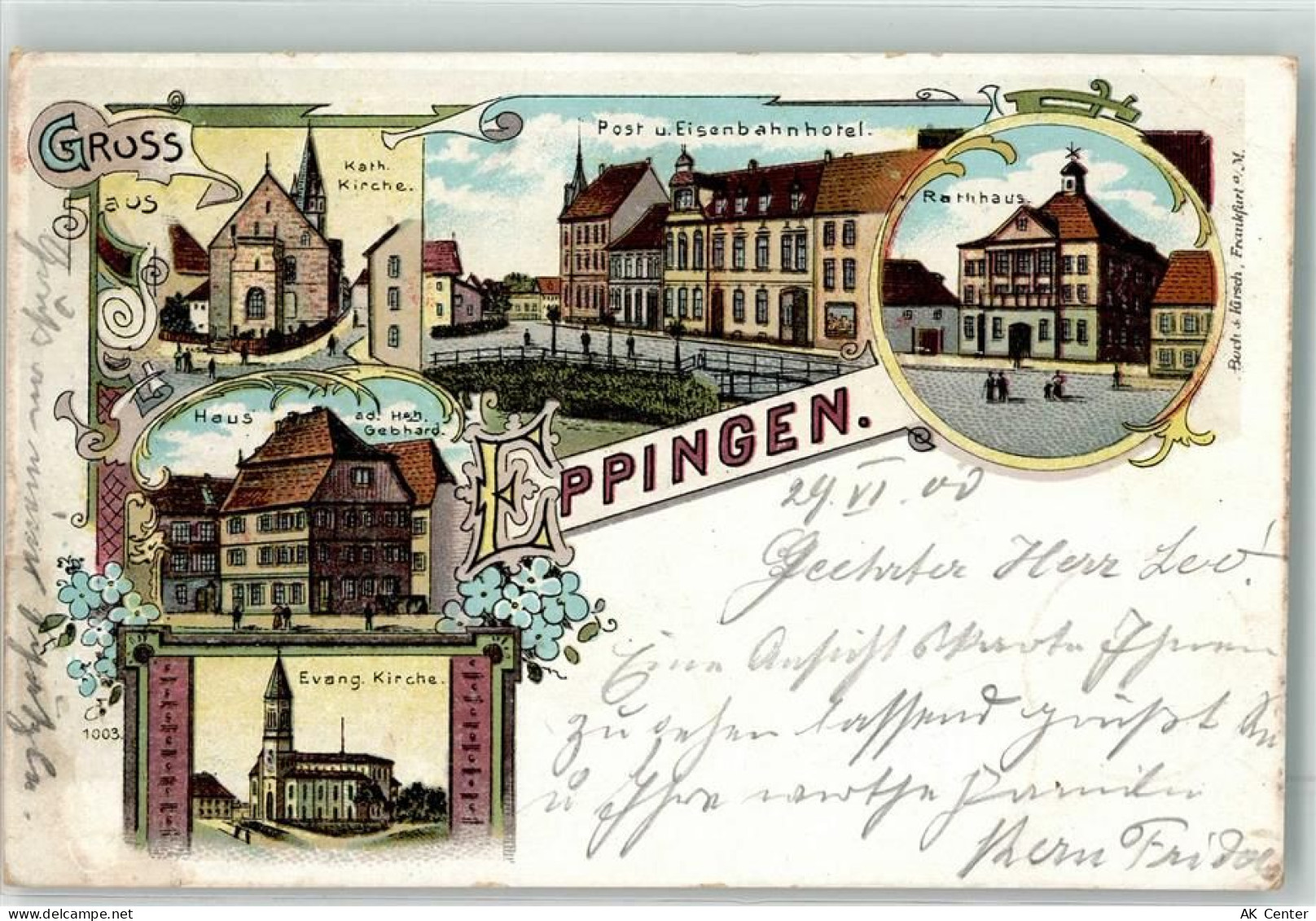 75031 W7519 Eppingen 1900 Lithographie Kath. Kirche Post Eisenbahnhotel ... - 13619938