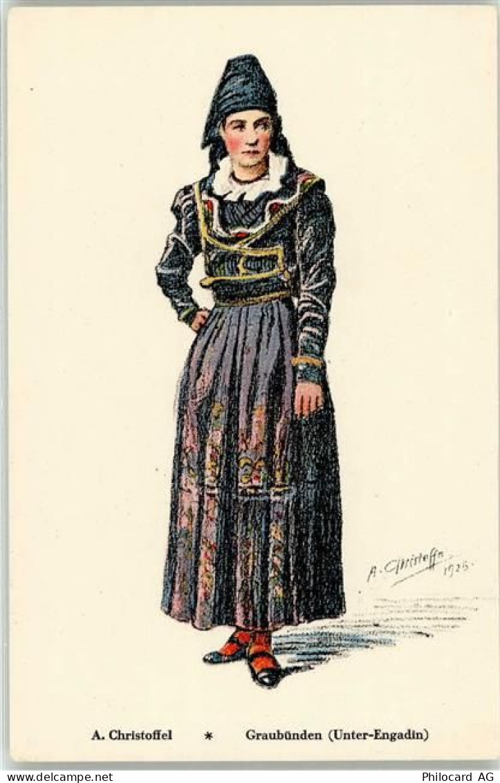 7563 Samnaun Dorf Künstlerkarte Trachten sign. A. Christoffel - 52021237