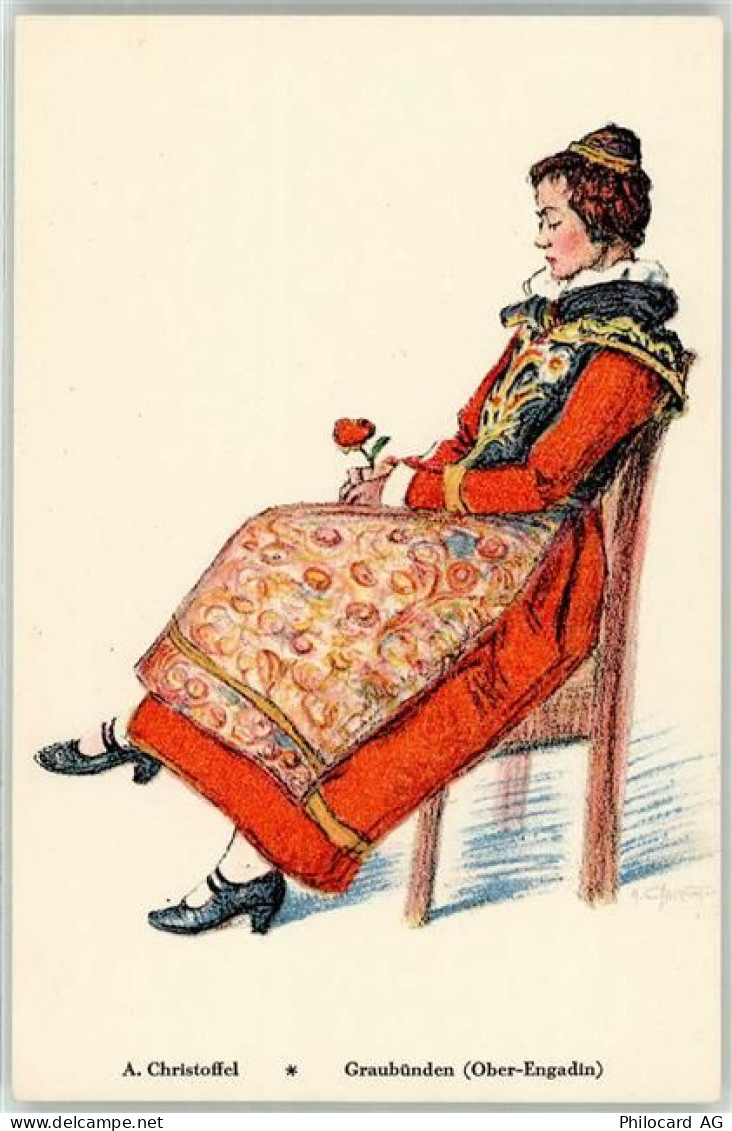 7563 Samnaun Dorf Künstlerkarte Trachten sign. Christoffel - 52021240