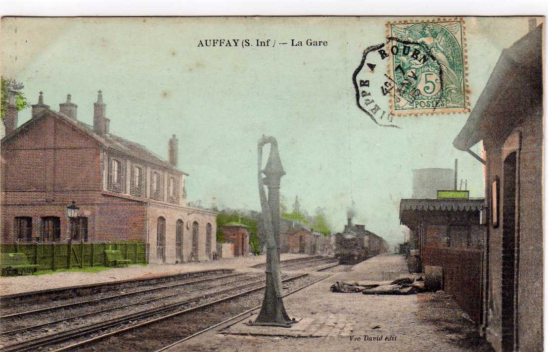 76 AUFFAY Gare, Intérieur, Train Vapeur, colorisée, ed Vve David, 1906