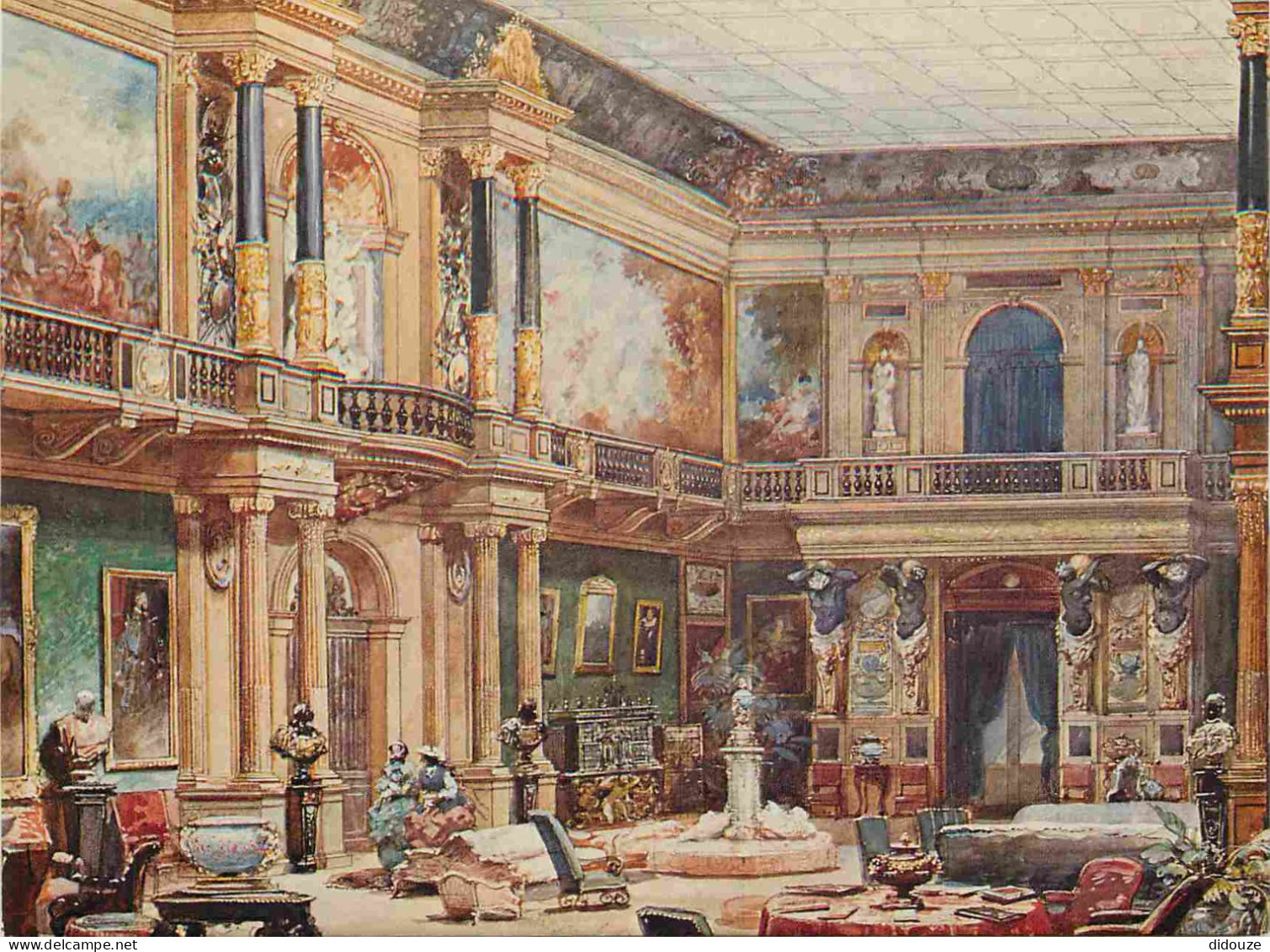 77 - Ferrières en Brie - Château de Ferrières - Grand hall central d'après une aquarelle d'Eugène Lami - Art Peinture -