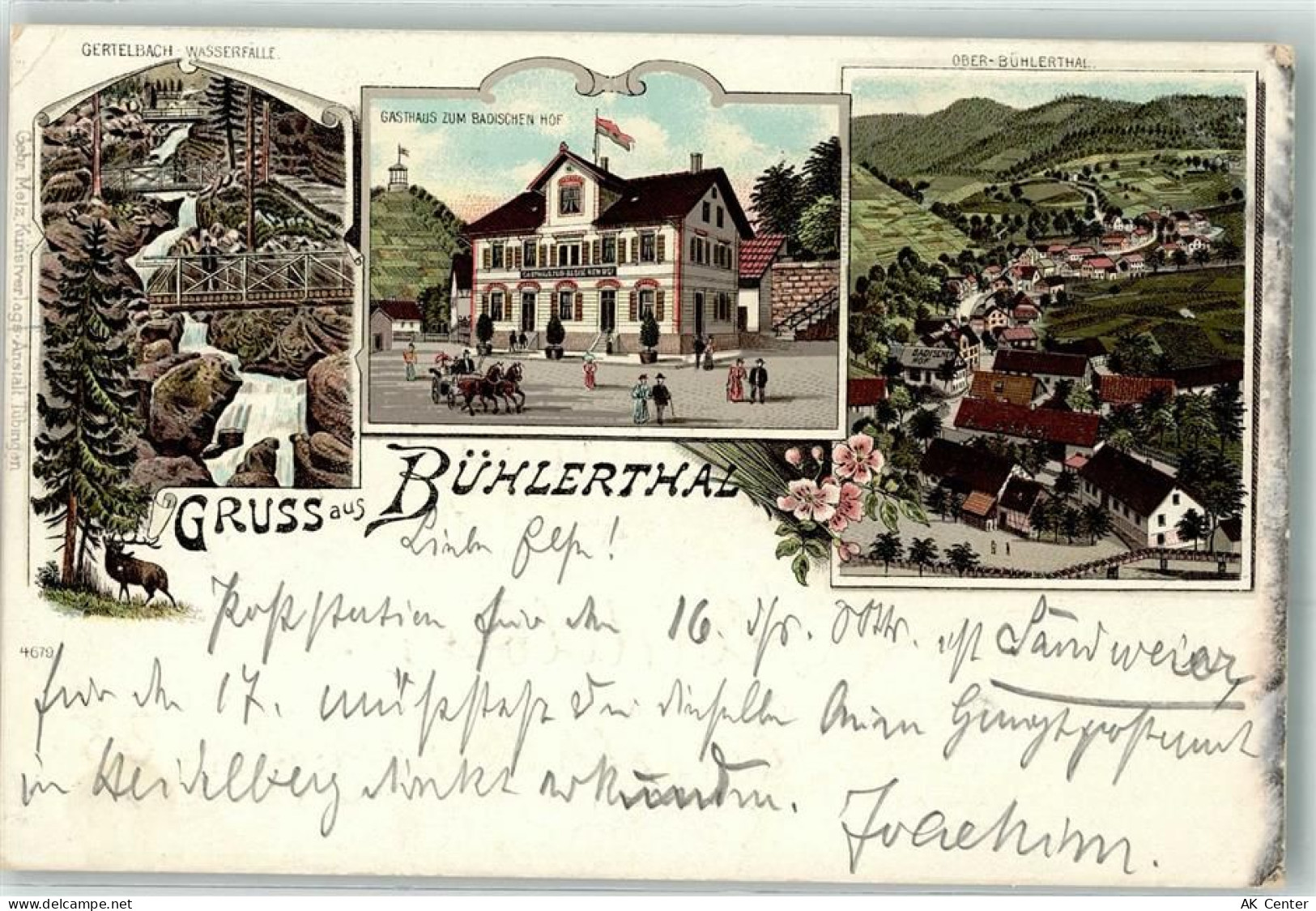 77830 W7582 Bühlertal 1897 Lithographie Gertelbach Wasserfälle Gasthaus ... - 13619040
