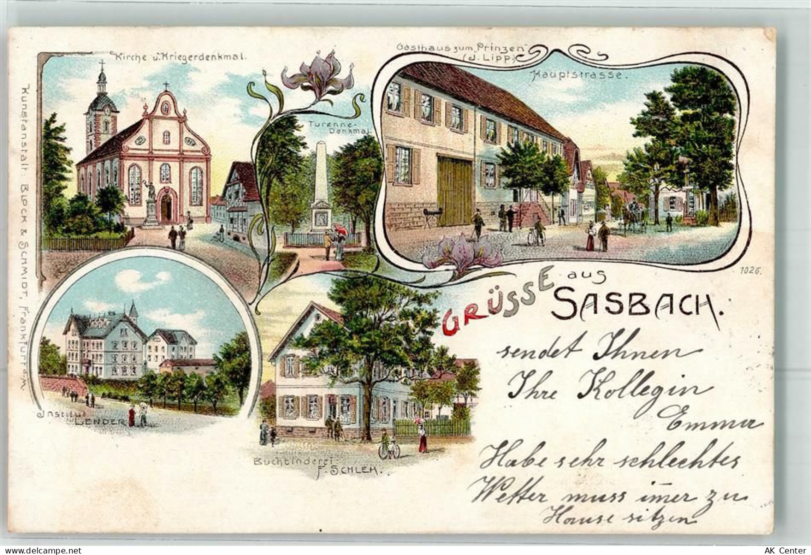 77880 W7591 Sasbach b Achern, Baden 1901 Lithographie Kirche Kriegerdenk... - 13621394