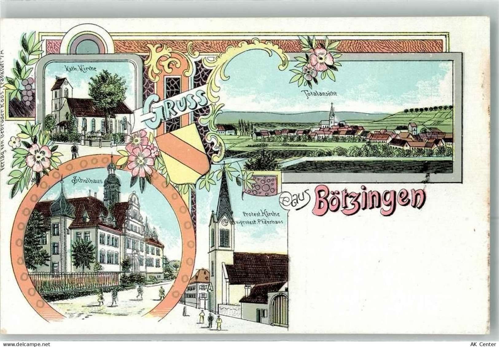 79268 W7805 Bötzingen Lithographie Kath. Kirche Schulhaus Protest. Kirch... - 13616708