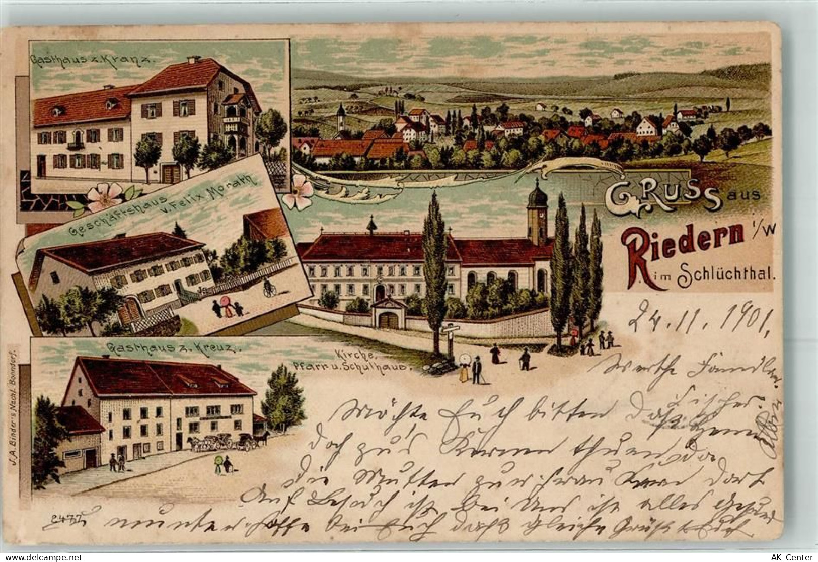 79777 W7899 Riedern am Wald 1901 Lithographie Gasthaus Zum Kranz Geschäf... - 13611971