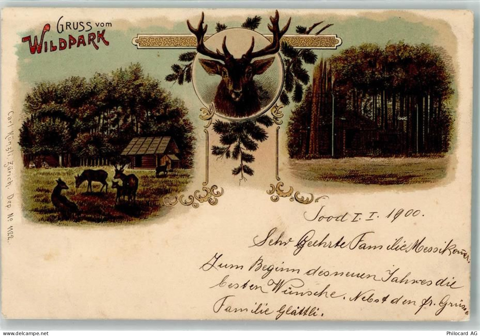 8135 Langnau am Albis 1899 Lithographie Wildpark Hirsch Carl Künzli Züri... - 13449456