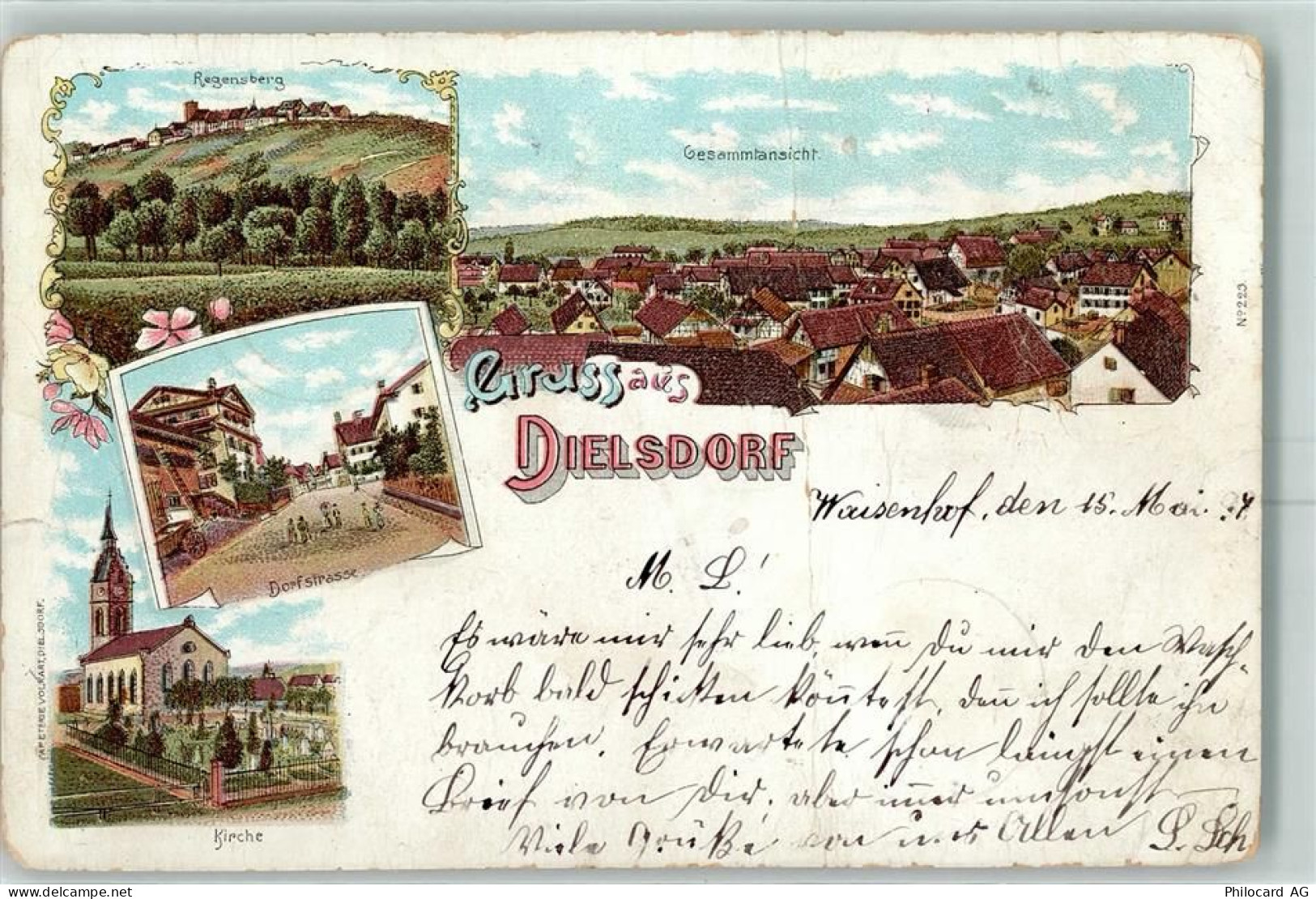 8157 Dielsdorf 1898 Gebrauchsspuren Regensberg Dorfstrasse Kirche Lithog... - 13601982