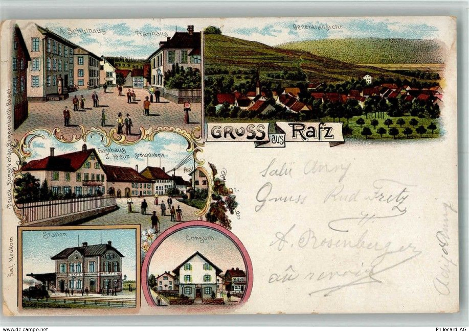 8197 Rafz BOAKC Gasthaus zum Kreuz Bahnhof Geschäft Lithographie - 13715704