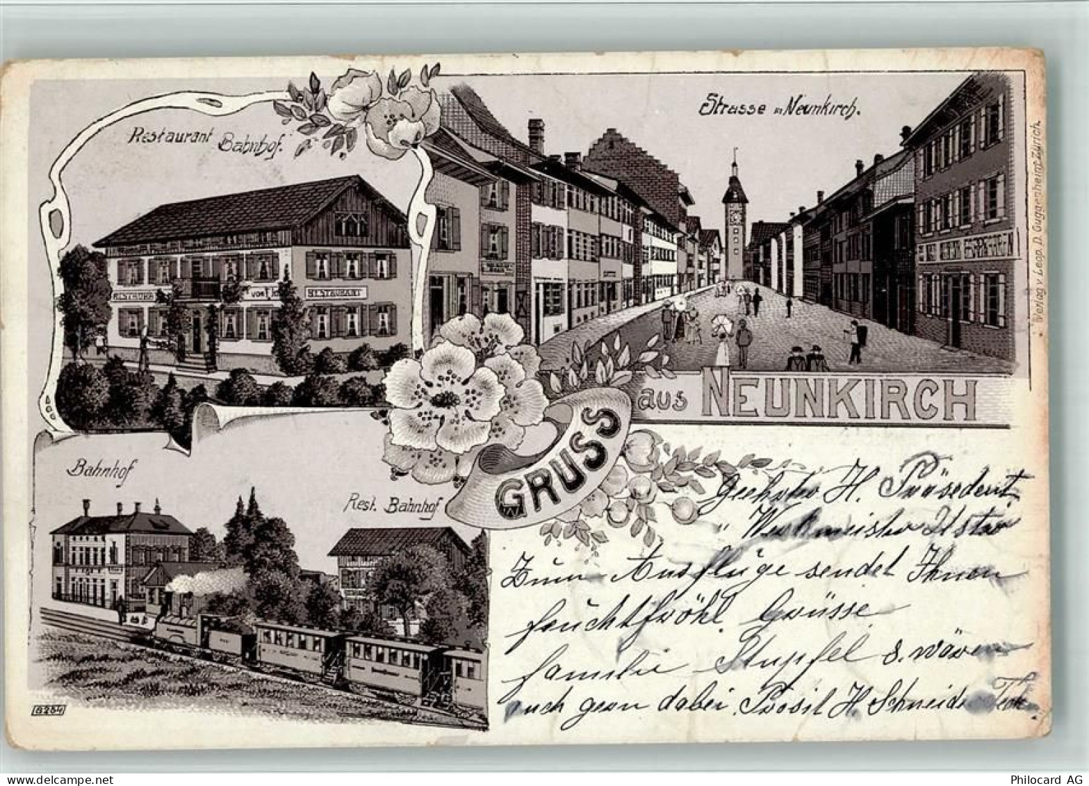 8213 Neunkirch 1907 BOAKC Lithographie Gasthaus Bahnhof Eisenbahn Gebrau... - 13702683