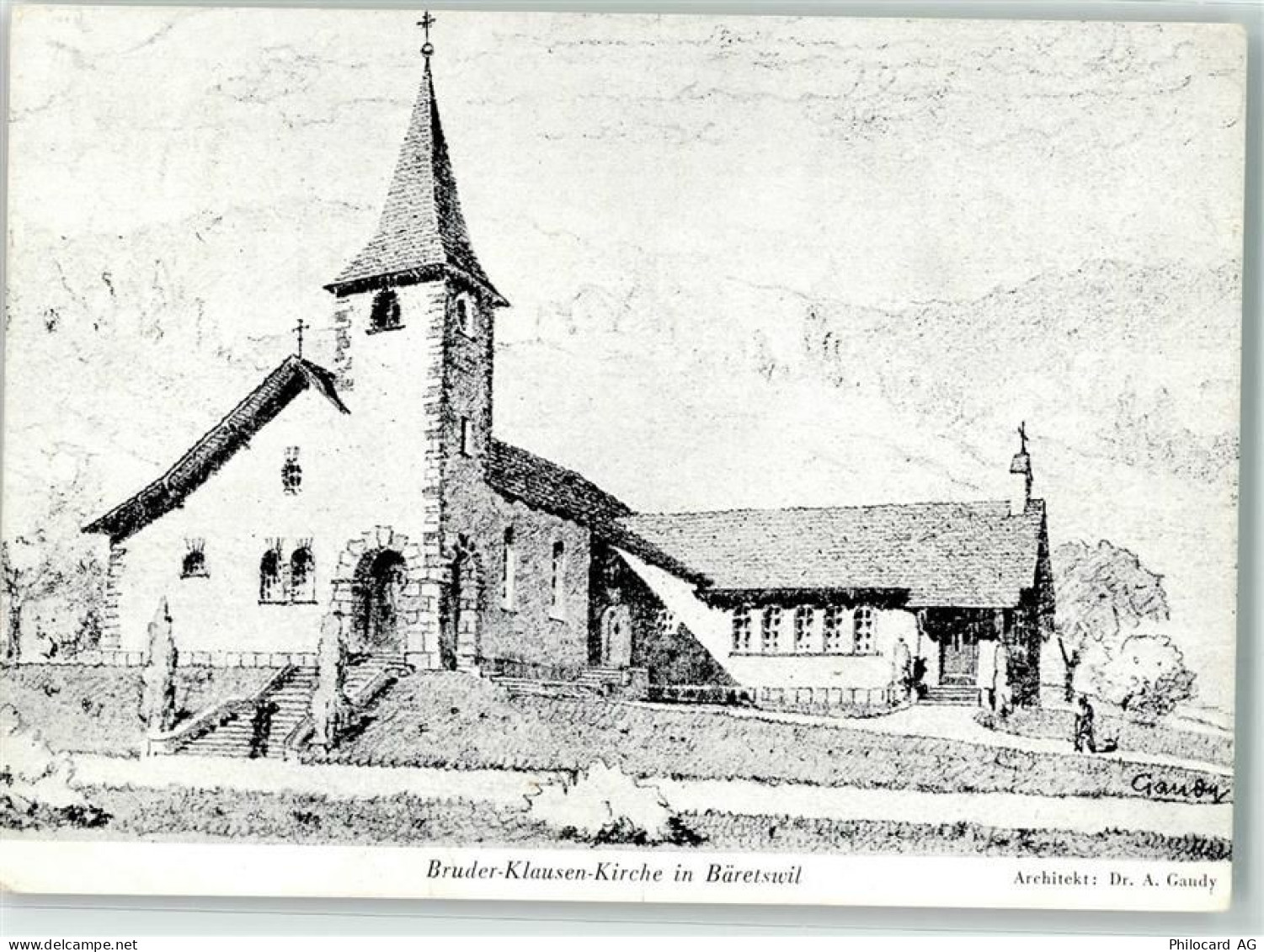 8344 Bäretswil Künstlerkarte Bruder-Klausen-Kirche Zeichnung sign. Gauon... - 10664495