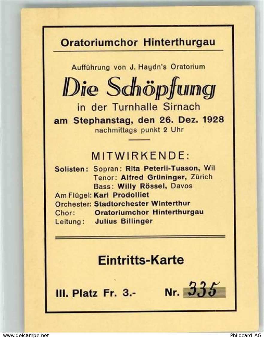 8370 Sirnach KEINE AK Oratoriumchor Hinterthurgau Eintrittskarte - 39691137