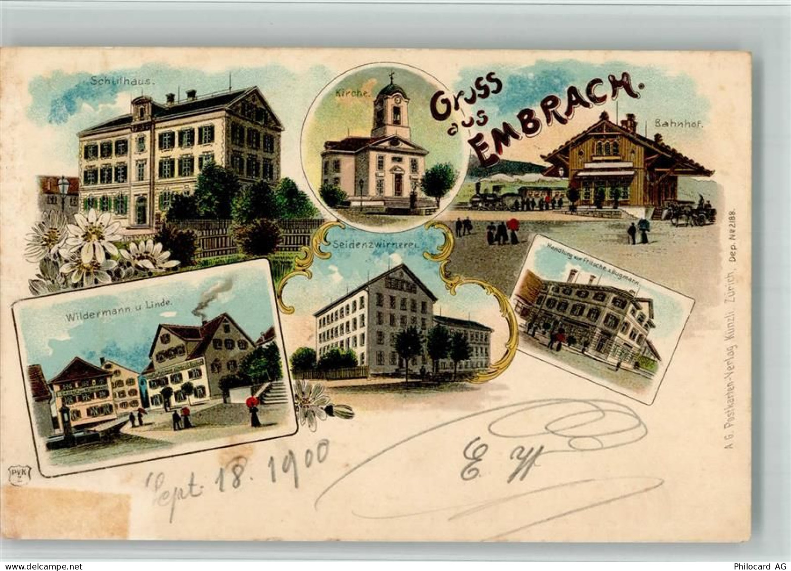 8424 Embrach 1900 BOAKC Lithographie Schulhaus Wildermann Linde Seidenzw... - 13702599