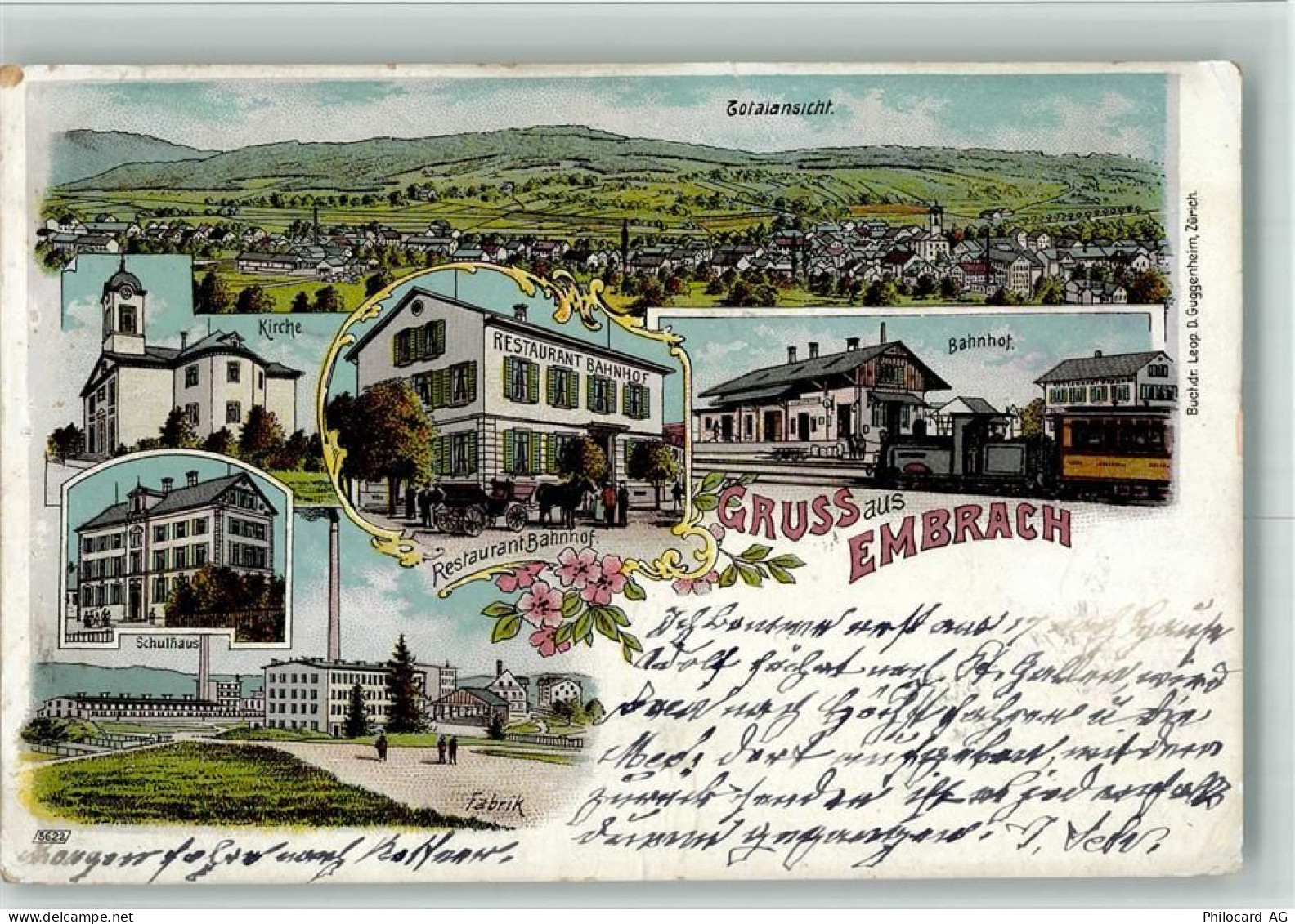 8424 Embrach 1906 BOAKC Lithographie Gasthaus Bahnhof Eisenbahn Kirche S... - 13702670