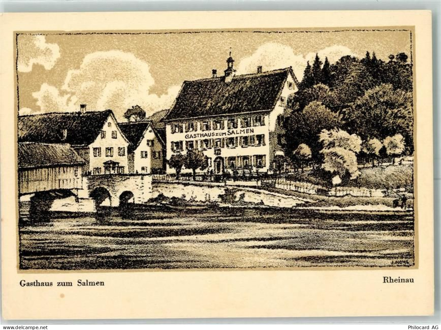 8462 Rheinau Lithographie Gasthaus Zum Salmen sign Nohl - 13226558