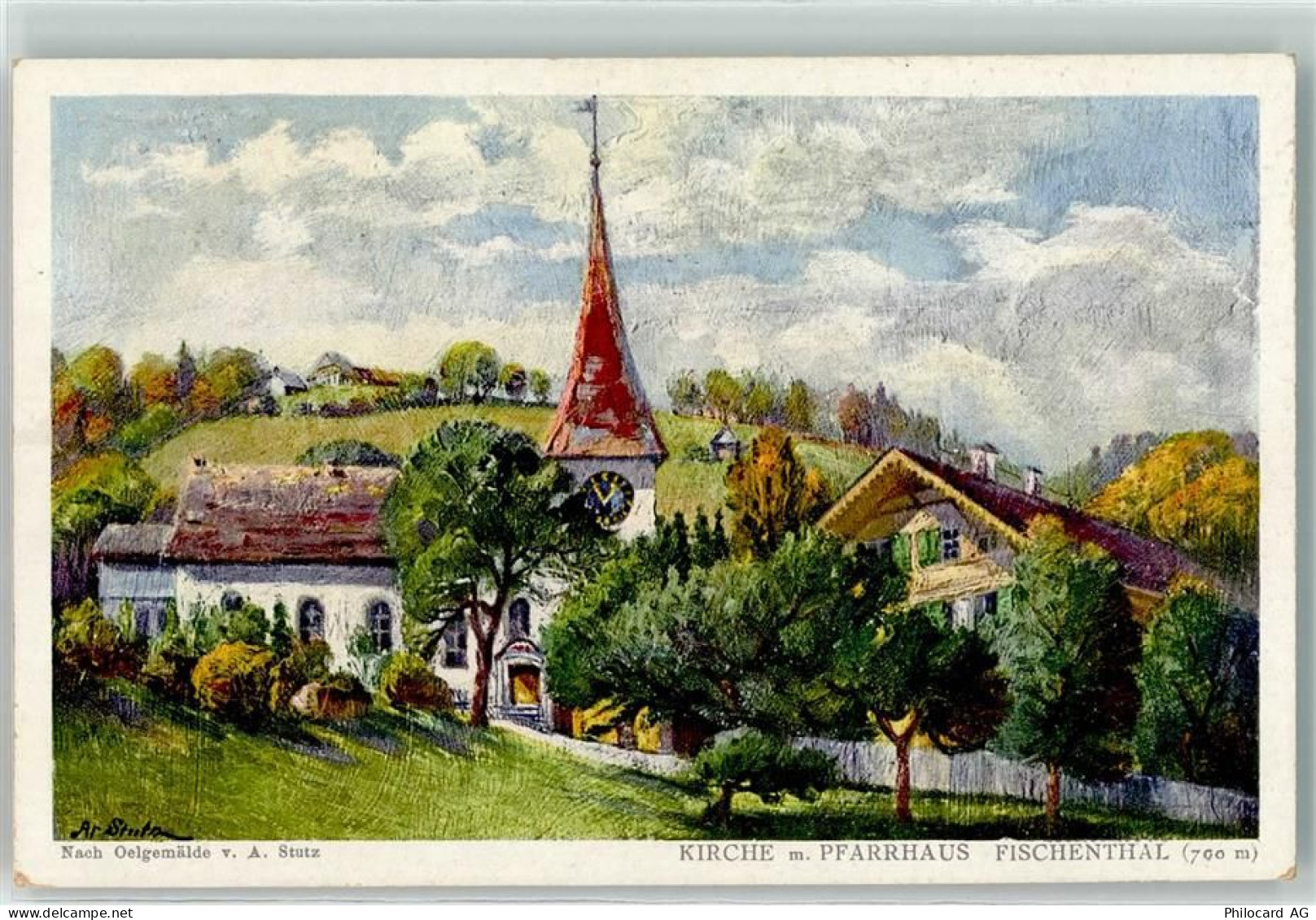 8497 Fischenthal Künstlerkarte Kirche und Pfarrhaus sign. A. Stutz - 13186803