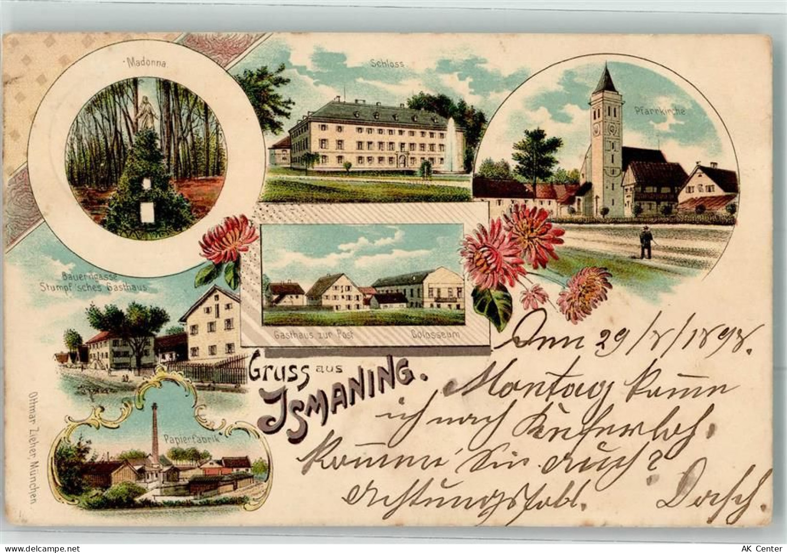 85737 W8045 Ismaning 1898 Lithographie Madonna Schloss Pfarrkirche Gasth... - 13621376