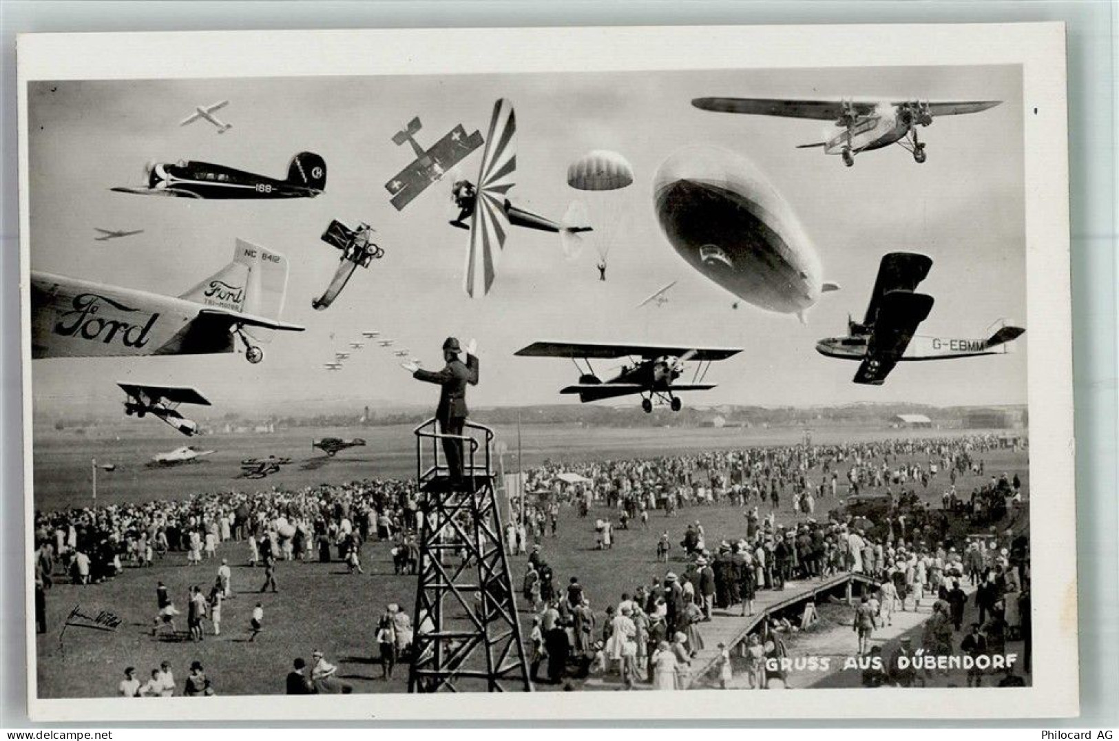8600 Dübendorf Fotomontage AK Zeppelin Flugzeug Flugplatz - 13674010