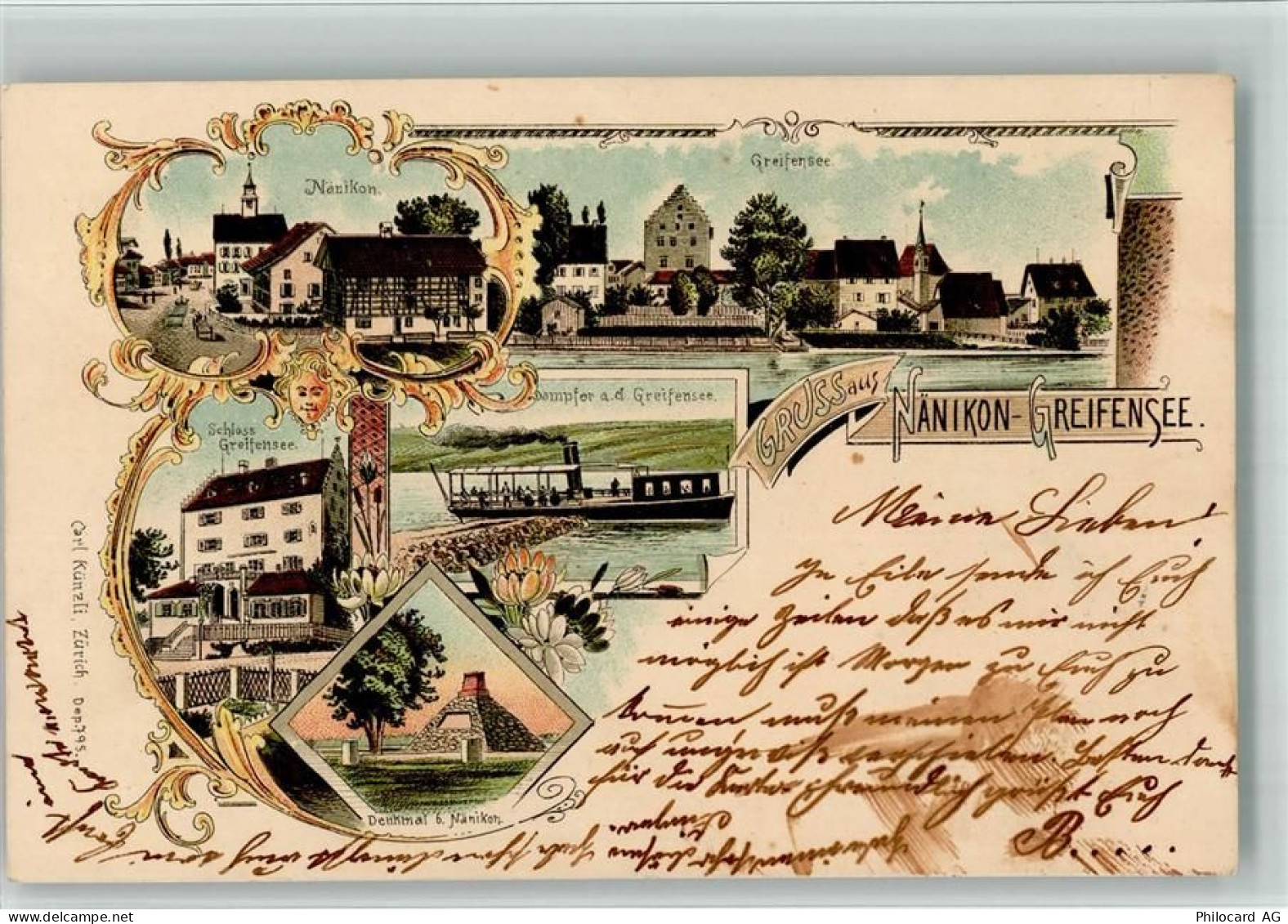 8606 Greifensee 1899 BOAKC Lithographie Nänikon Dampfer Schloss Denkmal ... - 13702446