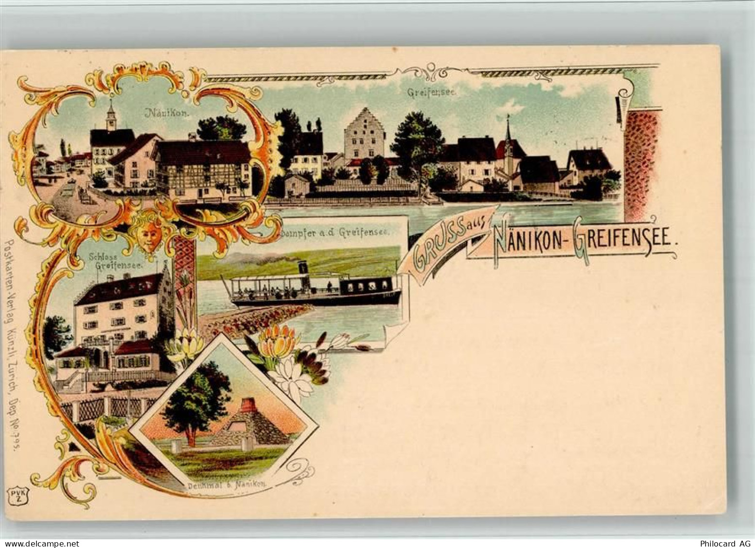 8606 Greifensee 1900 BOAKC Lithographie Nänikon Schloss Dampfer Denkmal ... - 13702541