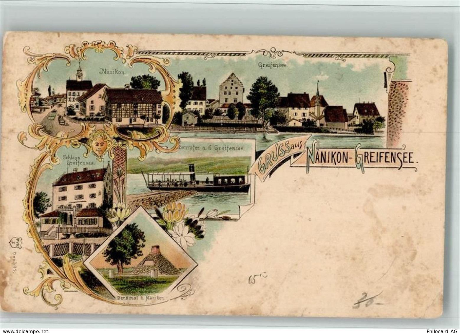 8606 Greifensee 1906 BOAKC Lithographie Nänikon Schloss Dampfer Denkmal ... - 13702619