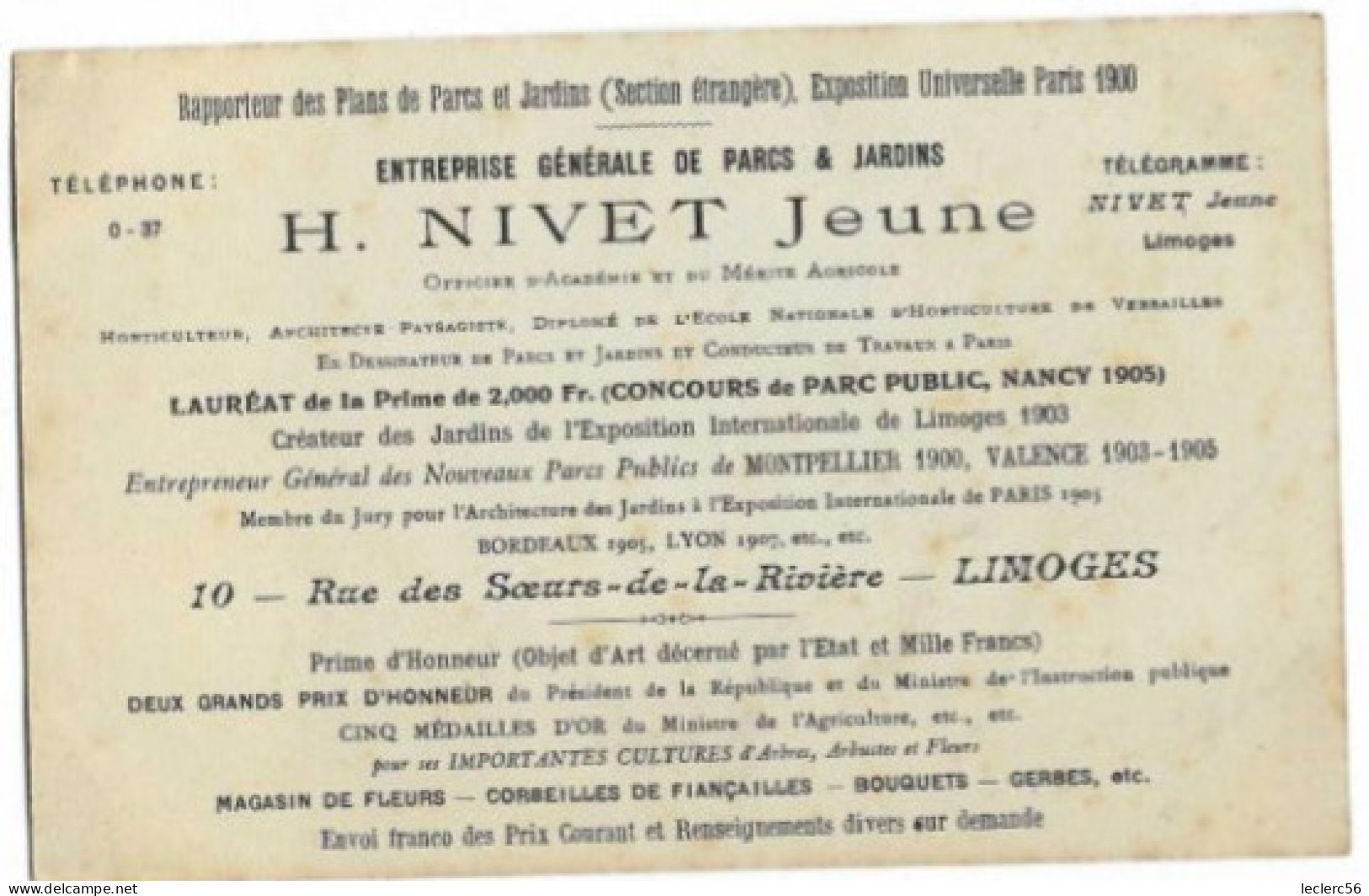 87 LIMOGES H. NIVET JEUNE PARCS ET JARDINS - AU RECTO : VALENCE SUR RHONE PARC JOUVET CPA