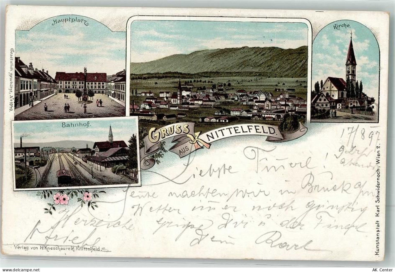 8720 Knittelfeld 1897 Lithographie Hauptplatz Bahnhof Kirche - 13623468
