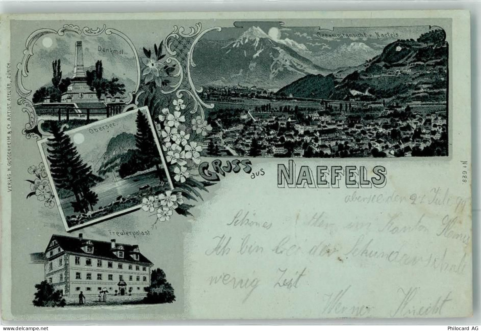 8752 Näfels 1899 Lithographie / Mondschein Denkmal Obersee Freulerpalast... - 13616313