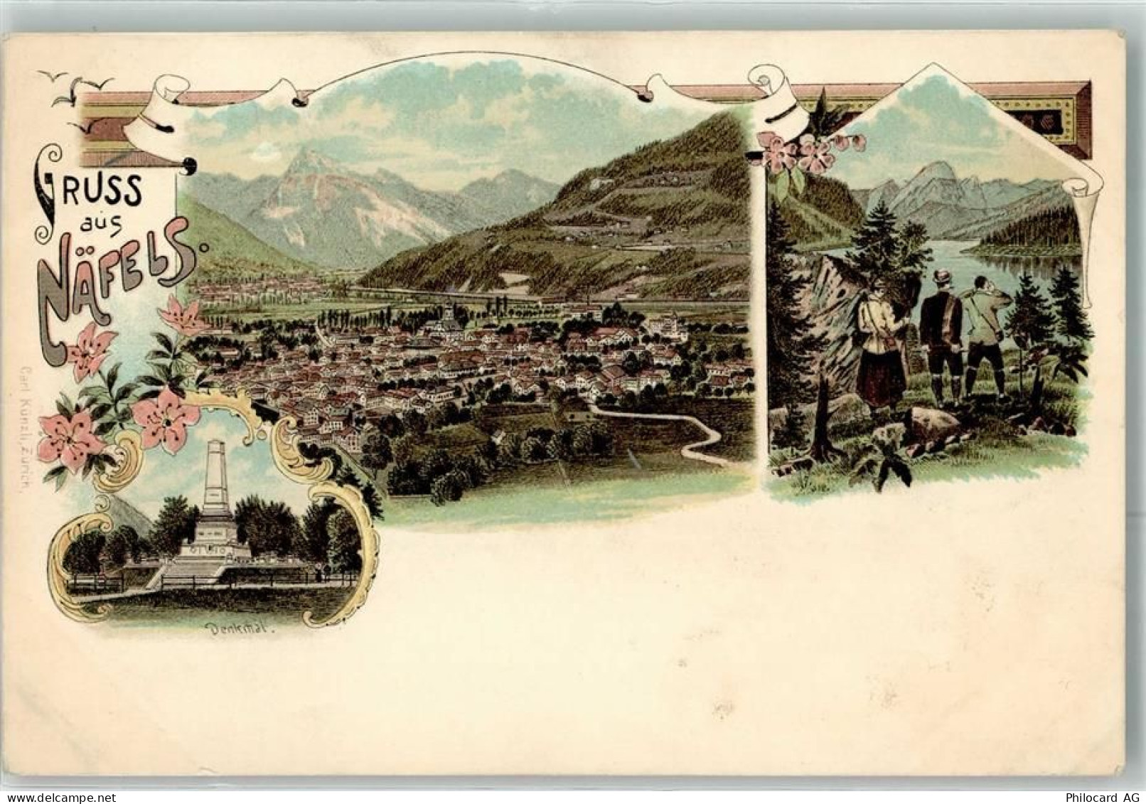 8752 Näfels Lithographie Denkmal Wanderer Verlag Künzli - 13616194