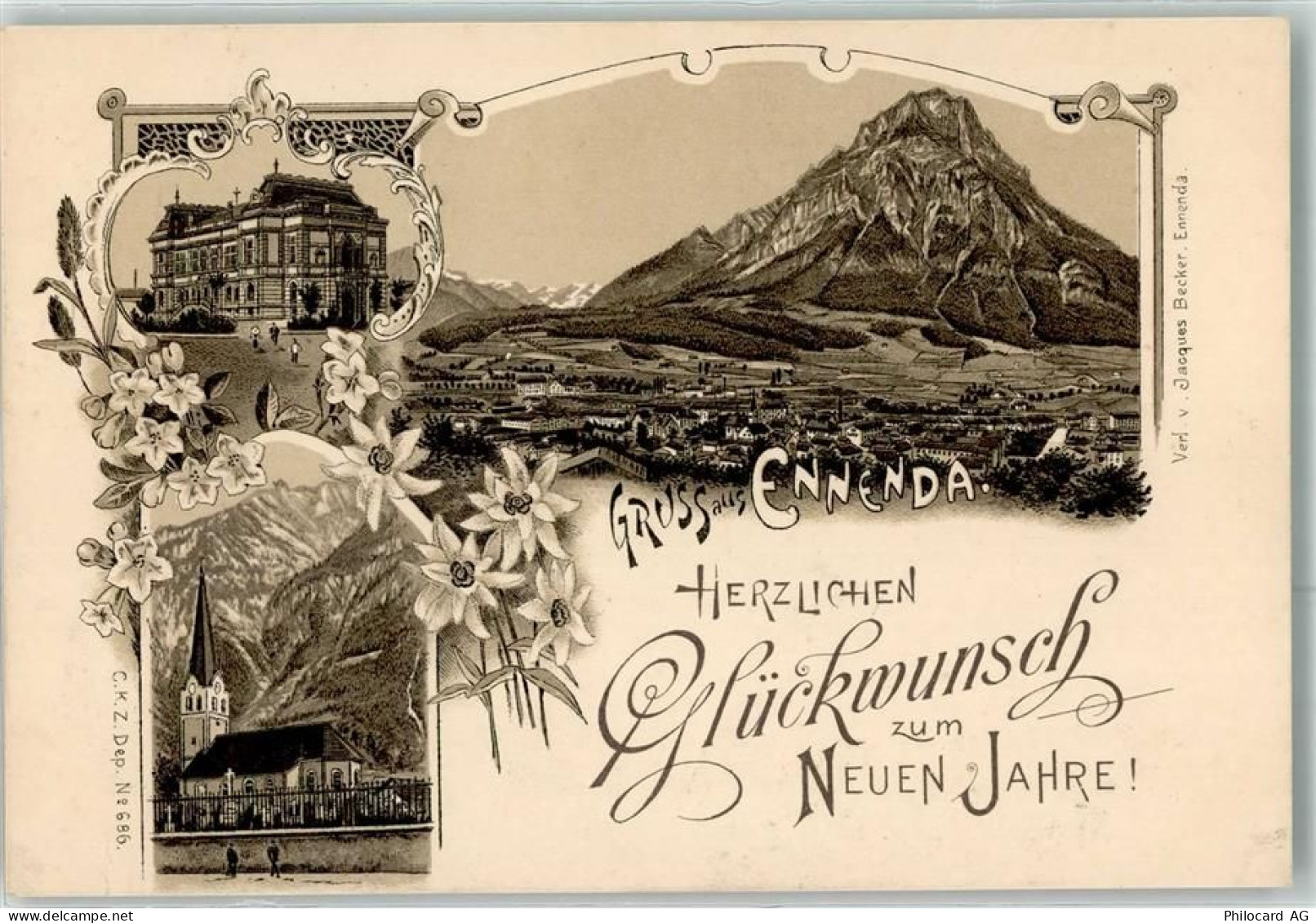 8755 Ennenda KEINE AK Kirche Glückwunsch Neujahr Lithographie - 13616304