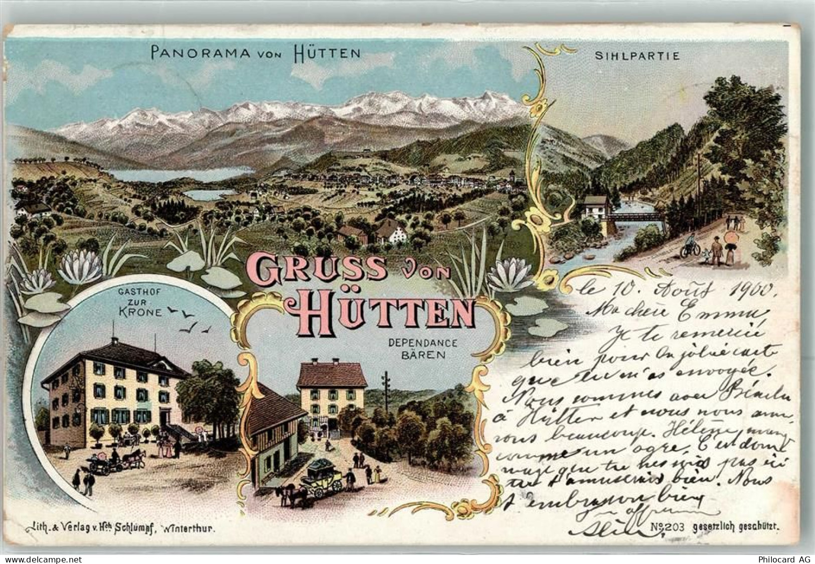 8825 Hütten 1900 Lithographie Sihlpartie Gasthaus Zur Krone Dependance B... - 13616144