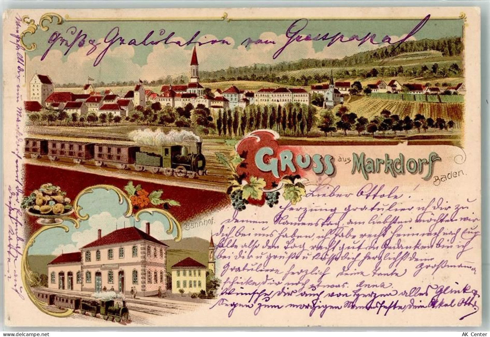 88677 W7778 Markdorf , Baden 1900 Lithographie Bahnhof Personenzug - 13625156